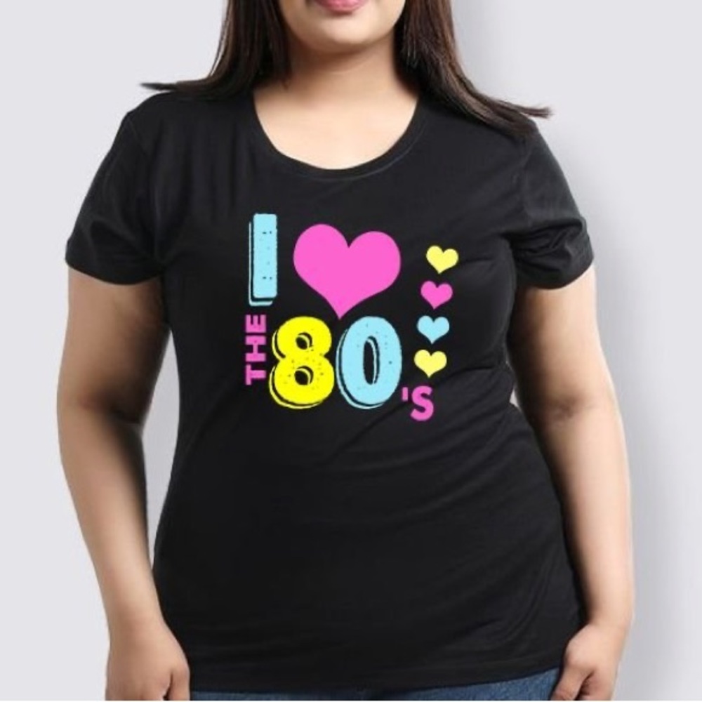 L/XL Women's Short Sleeve T-Shirt with Colorful 80s Nostalgia Design All-cotton